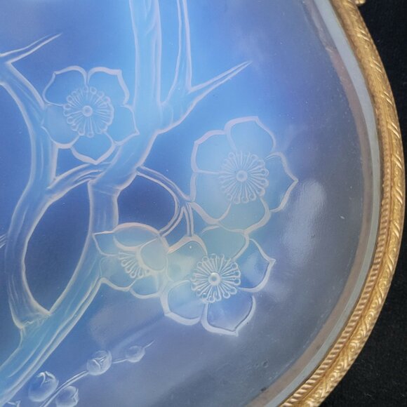 Antique French Julien Opalescent Glass Dish Birds & Floral Metal Rims & Handles - Picture 5 of 13